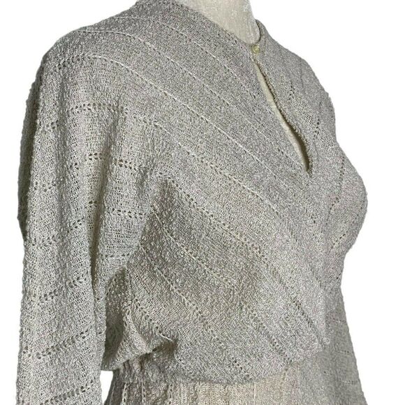 Vintage 70s Ronnie Heller Knit Dress 6 Ivory Elastic Waist Union Made Key Hole - Picture 4 of 7